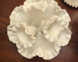 Vintage Fenton Hobnail Milk Glass Epergne Centerpiece Bowl & Bud Vase