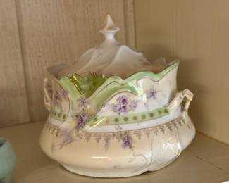 antique porcelain soup tureen with a lid, featuring a floral design with green and purple accents and gold trim