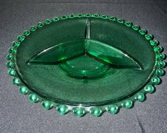 1935 Czech SKLO Union Green UV Reactive 8.5" Divided Serving Dish Excellent Condition Vintage