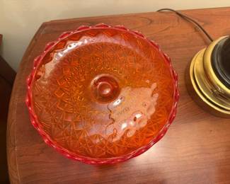 VTG. Retro Fenton Glass Cut & Block Amberina Pedestal Glass Cake Dessert Plate