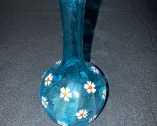 VINTAGE FINE LIGHT BLUE BARBER BOTTLE ENAMEL FLOWERS - PONTIL Hand Blown