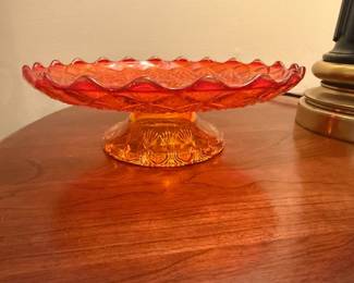 VTG. Retro Fenton Glass Cut & Block Amberina Pedestal Glass Cake Dessert Plate