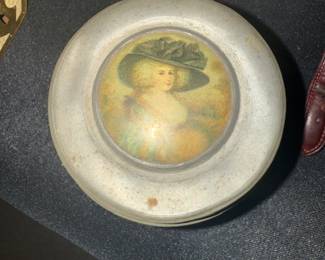 1920's French Metal Powder Puff Music Trinket Box | Antique Vanity Powder Jar with Medallion Portrait Lid Vintage Silver Footed Dresser Jar