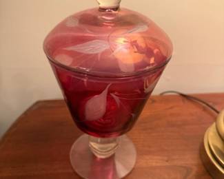 Chaney Vintage RED Glass Pedestal Candy Dish With Lid and Hand Painted Leaves