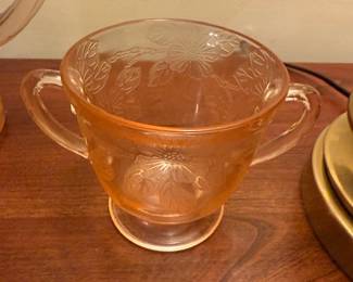 Vintage Pink Depression Glass 2-Handled Sugar Bowl Embossed Floral 