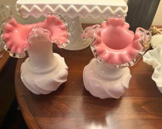 2 Vintage Fenton Silver Crest Pink Interior Milk Glass Vases Melon Ruffled