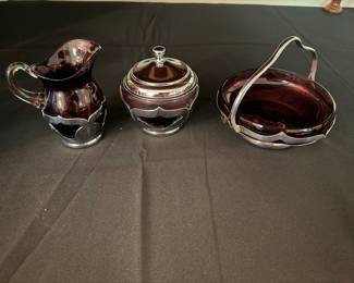 Vintage Farber Brothers NY Krome Kraft Amethyst Glass Art Deco  Candy Dish, Sugar & Creamer