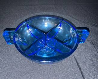 antique cobalt blue divided dish double handles
