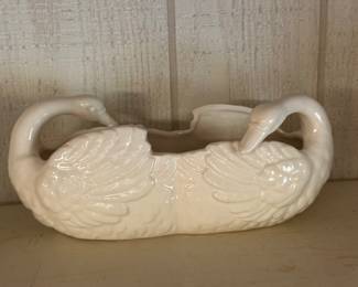 Vintage Double Swan Planter; White; Stamped Hand Painted