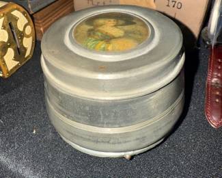 1920's French Metal Powder Puff Music Trinket Box | Antique Vanity Powder Jar with Medallion Portrait Lid Vintage Silver Footed Dresser Jar