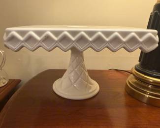 Vintage Pedestal Indiana Glass SQUARE White Milk Glass Cake Stand with Rum Well
