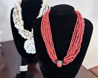 Jade rings, Coral multi stand necklace with 14kt gold clasp