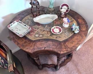 Antique wood table with inlay needlepoint
