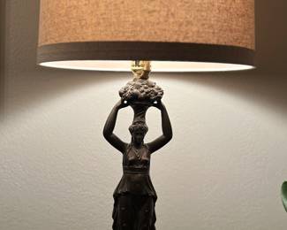 Nouveau bronze lady statue lamps with marble base. (set of 2)