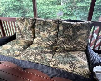 All of this Outdoor wicker furniture matches...beautiful leaf design cushions and all are in amazing condition!
