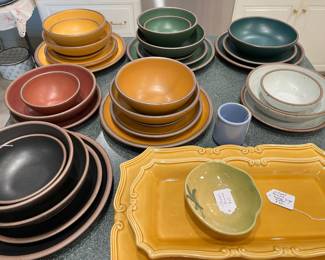 Gorgeous hand thrown pottery dining set from Asheville, N.C.  SO stunning and unusual...also William Sonoma serving platters