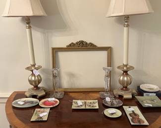 John Derian Collection adorning this gorgeous two tone Walnut semi-side board...stunning piece!  These unusual Candlestick lamps are perfect in a dining room, bedroom or use separately!