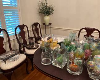 Beautiful Mahogany dining room set with lovely chairs.  Neutral upholstery and in very good condition.