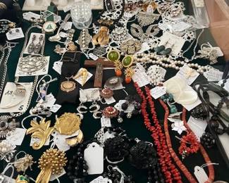 Vintage Coral, crystals, vintage costume, designer pieces, pearls, rings