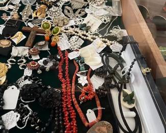 Bone and Ivory Bolo, coral, turquoise, pearls