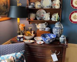 Vintage chest of drawers, hand made display shelf, vintage china, great metal base lamp