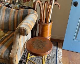 Vintage three leg stool, handmade walking sticks and stand