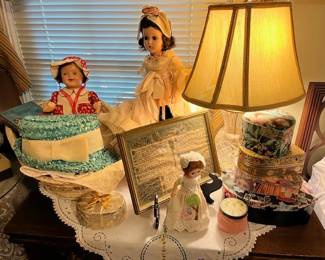 Vintage composite dolls, Madam Alexander Doll, trinket and gift boxes, vintage hat, vintage doll bed