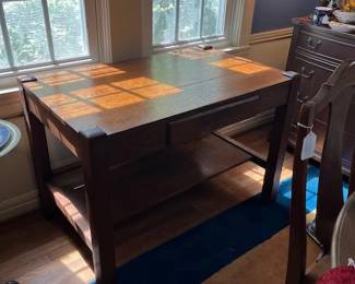 Vintage oak library table with drawer and shelf