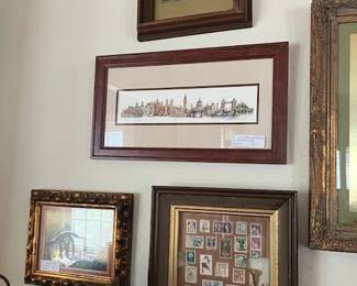 Vintage and signed art work, vintage postage stamps