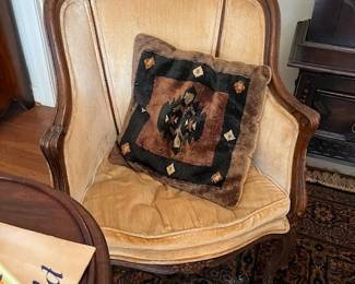 Vintage upholstered arm chair, tapestry cushion