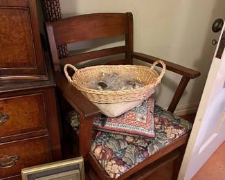 Vintage arm chair, art and a basket full of vintage costume earrings