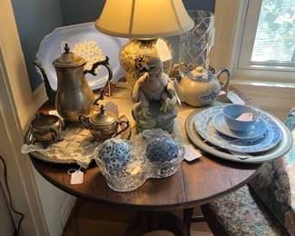 Antique tilt top table, silver plate, vintage china and vintage Boehm baby eagle