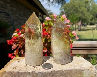 We have a nice collection of rocks and minerals. Here we have 2 large Citrine Points.