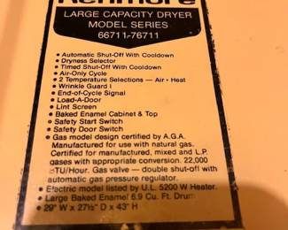 The dryer is a Kenmore large capacity gas dryer