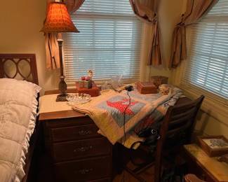 Vintage tiger oak sewing table with drop leaf table top extended, vintage quilt, wood and ceramic boxes