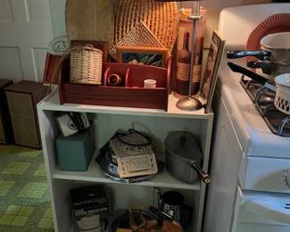 In the Kitchen Vintage waffle maker, coffee pots, copper kettle, baskets and chopping boards 