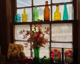 Vintage colored bottles and vases, apple ceramics