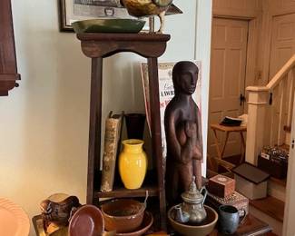 Handmade pottery, vintage books, pewter