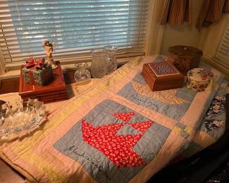 Vintage quilt, wood boxes, Holy Bible in cedar storage box