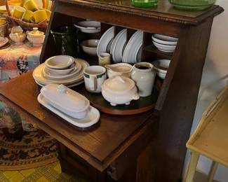Vintage writing desk, narrow profile, vintage ironstone Vaseline glass