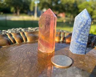 Rainbow Fluorite left and Blue Aventurine on the right.