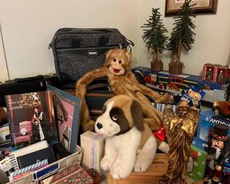 Vintage soft toys, trees, office and travel bags