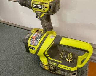 RYOBI CORDLESS DRILL AND FLASHLIGHT (CHARGER AND 2 BATTERIES INCLUDED)