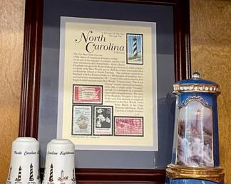 LIGHTHOUSES S&P SET, FRAMED STAMPS, THOMAS KINKADE LIGHTHOUSE MUSIC BOX