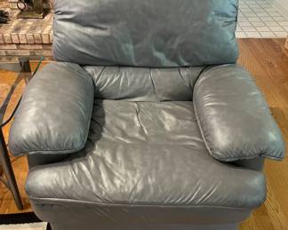 SLATE BLUE LEATHER FLEX-STEEL BACK RECLINER & OTTOMAN  (2-AVAILABLE)