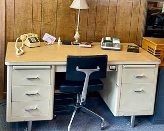 VINTAGE "MAD MEN" STYLE METAL DESK, CHAIR, VINTAGE PHONE, CALCULATOR, LAMP, MISC.