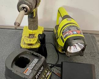 RYOBI CORDLESS DRILL AND FLASHLIGHT (CHARGER AND 2 BATTERIES INCLUDED)