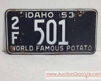 1 1953 Idaho License Plate. World Famous Potato