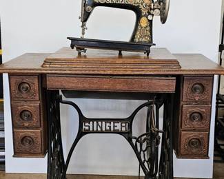 4 AntiqueSinger66RedEyeTreadleSewingMachineWithCabinet