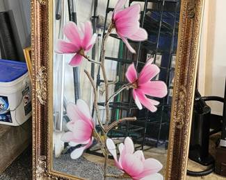 142 LargeFramedMirrorWithPinkFlowerClingOrDecal